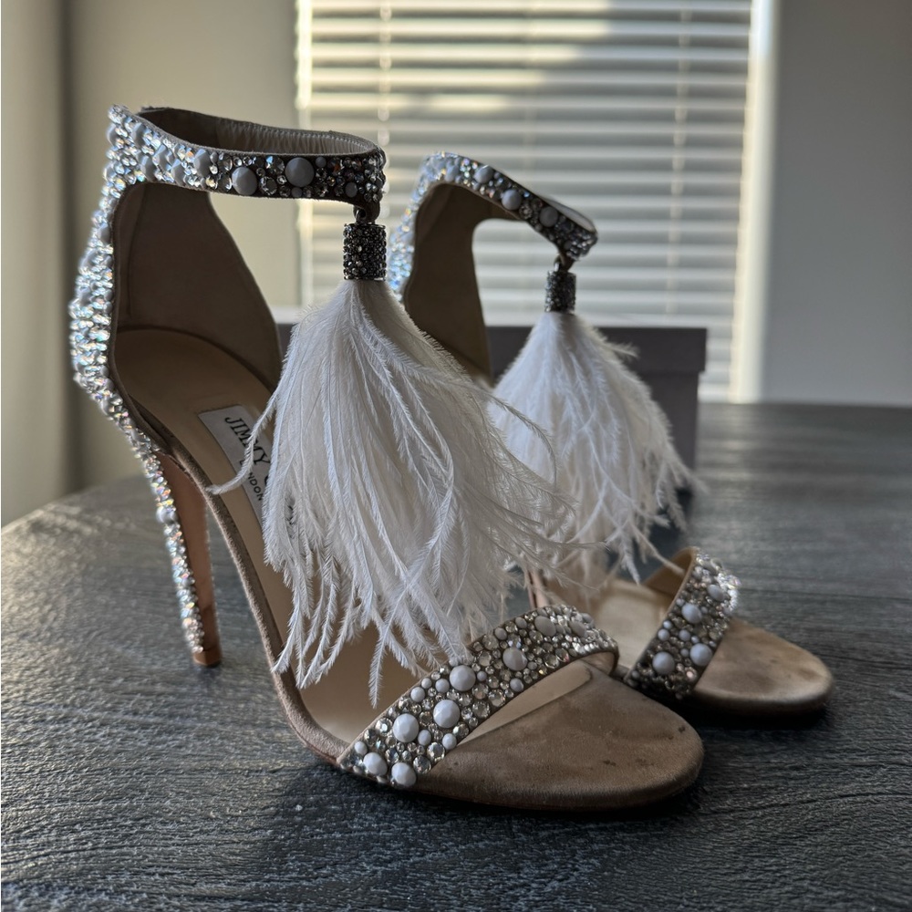 Jimmy Choo Viola 110 Feather/Crystal Embellished Heels Size 38.5